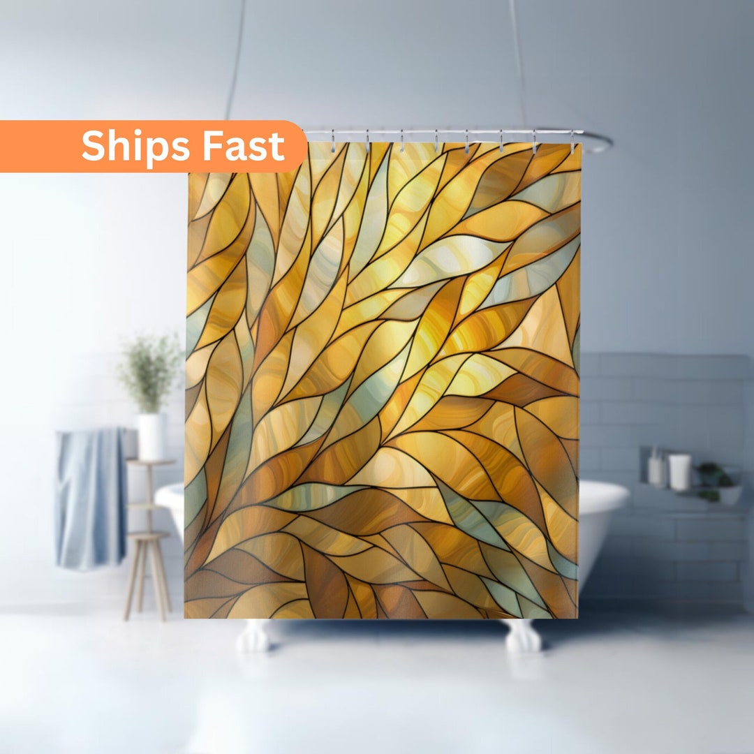 Gold Stained Glass Shower Curtain Beautiful Petal Pattern Premium Home
