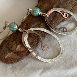 Earrings Copper and Sterling Silver Shapes with Blue Bead