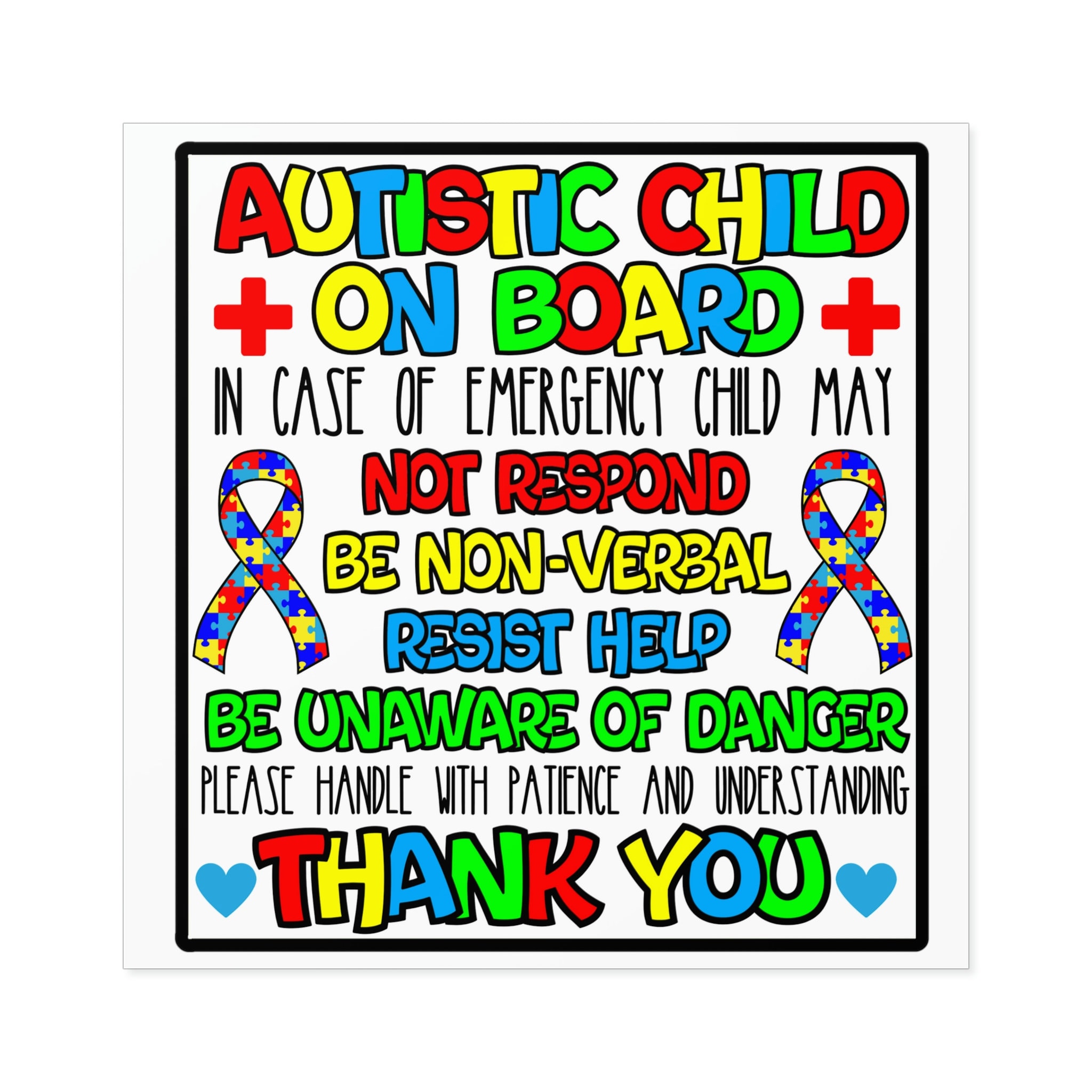 Autistic Child on Board Medical Alert Square Sticker for Outdoors