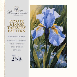 May include: A tapestry pattern featuring a detailed illustration of a blue iris flower with yellow accents. The pattern is designed for Peyote and Loom techniques, using MIYUKI DELICA 11/0 beads. The design measures 8.16 x 10.9 inches and contains 26 colors.