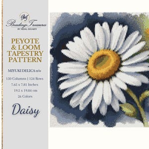 Peut inclure: Un motif de tapisserie numérique représentant une marguerite avec des pétales blancs et un centre jaune. Le motif est pour les techniques Peyote et Loom, utilisant des perles Miyuki Delica 11/0. Le design mesure 19,5 x 19,84 cm et comporte 26 couleurs.