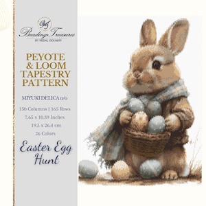 May include: A brown bunny rabbit wearing a blue scarf holds a basket full of colorful Easter eggs. The image is titled "Easter Egg Hunt" and includes the text "Peyote & Loom Tapestry Pattern".
