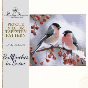 May include: A tapestry pattern featuring two bullfinches perched on a snow-covered branch with red berries. The image includes the text "Peyote & Loom Tapestry Pattern" and "Bullfinches in Snow". The design uses Miyuki Delica beads.