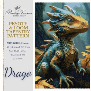 May include: A digital tapestry pattern featuring a detailed illustration of a dragon in shades of blue, gold, and brown. The pattern is designed for Peyote and Loom techniques, using MIYUKI DELICA 11/0 beads. The design measures 7.5 x 13.23 inches and includes 33 colors.