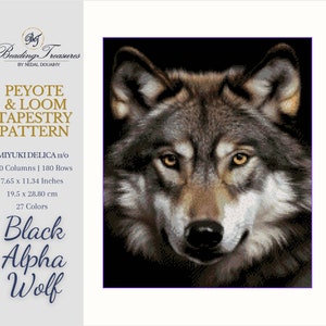 May include: Black Alpha Wolf Peyote & Loom Tapestry Pattern using Miyuki Delica 11/0 beads. The pattern is 7.65 inches by 11.34 inches and uses 27 colours.
