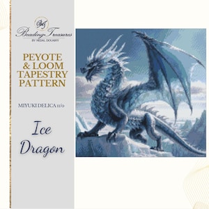 May include: A tapestry pattern featuring an ice dragon. The dragon is rendered in shades of blue and white, with large wings and a detailed, textured body. The text "Ice Dragon" is displayed below the image.