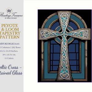 May include: A digital tapestry pattern featuring a Celtic cross design. The cross, with intricate teal and silver detailing, is set against a stained glass window backdrop. The pattern includes 150 columns, 202 rows, and measures 15.3 x 13.29 inches.