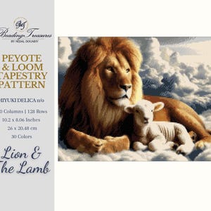 May include: A beaded tapestry pattern featuring a lion and a lamb, with the text "Peyote & Loom Tapestry Pattern" and "Lion & The Lamb". The pattern is 10.2 inches by 8.06 inches and uses 30 colors.