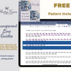 May include: Digital pattern for a scarf, featuring a snowman design. The image shows a tablet displaying the pattern instructions, with the words "FREE Pattern Included". The pattern is for loom and peyote beadwork.