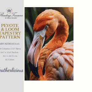 May include: A close-up of a pink flamingo's head and neck. The flamingo is in a natural setting with green foliage in the background. The image is for a beading pattern.