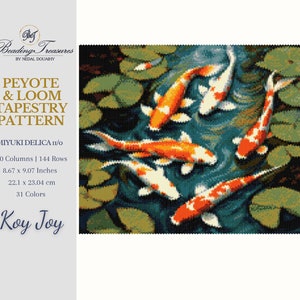 May include: A beading pattern for a tapestry featuring a pond with lily pads and koi fish. The pattern is for use with Miyuki Delica 11/0 beads and measures 8.67 inches by 9.07 inches. The pattern is titled "Koy Joy" and uses 31 colors.