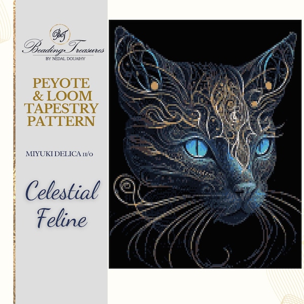 CELESTIAL FELINE | Peyote Tapestry Pattern, Loom Tapestry Pattern, Even count peyote, Large Peyote Pattern, Delica pattern,  Large Pattern