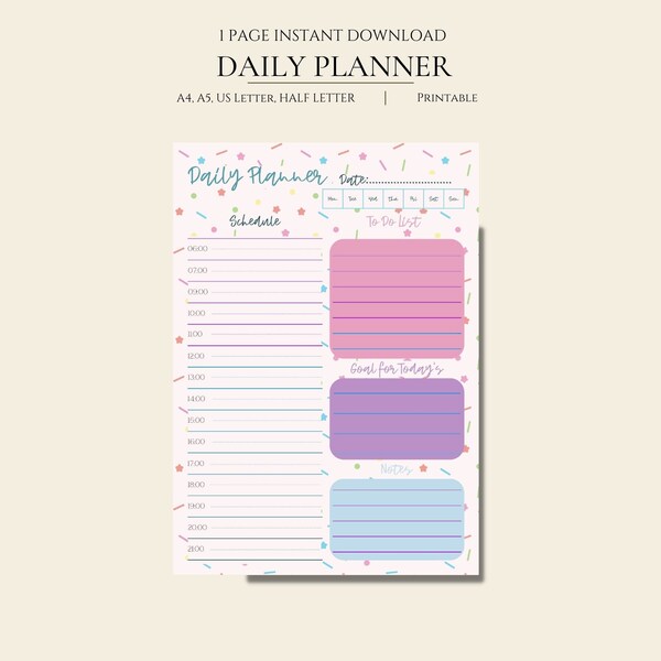 Daily Planner | Printable Daily Planner | Digital PDF Instant Download | To Do List | Daily Schedule | Desk Organizer | A4 size | 8.5x11''