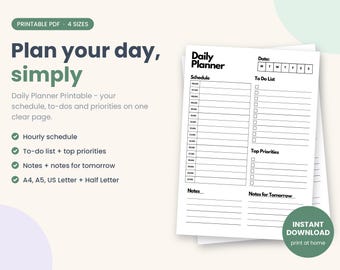 May include: A white daily planner printable page featuring a schedule section with hourly slots, a to-do list with checkboxes, a top priorities section, and areas for notes and notes for tomorrow, with the text Daily Planner at the top.