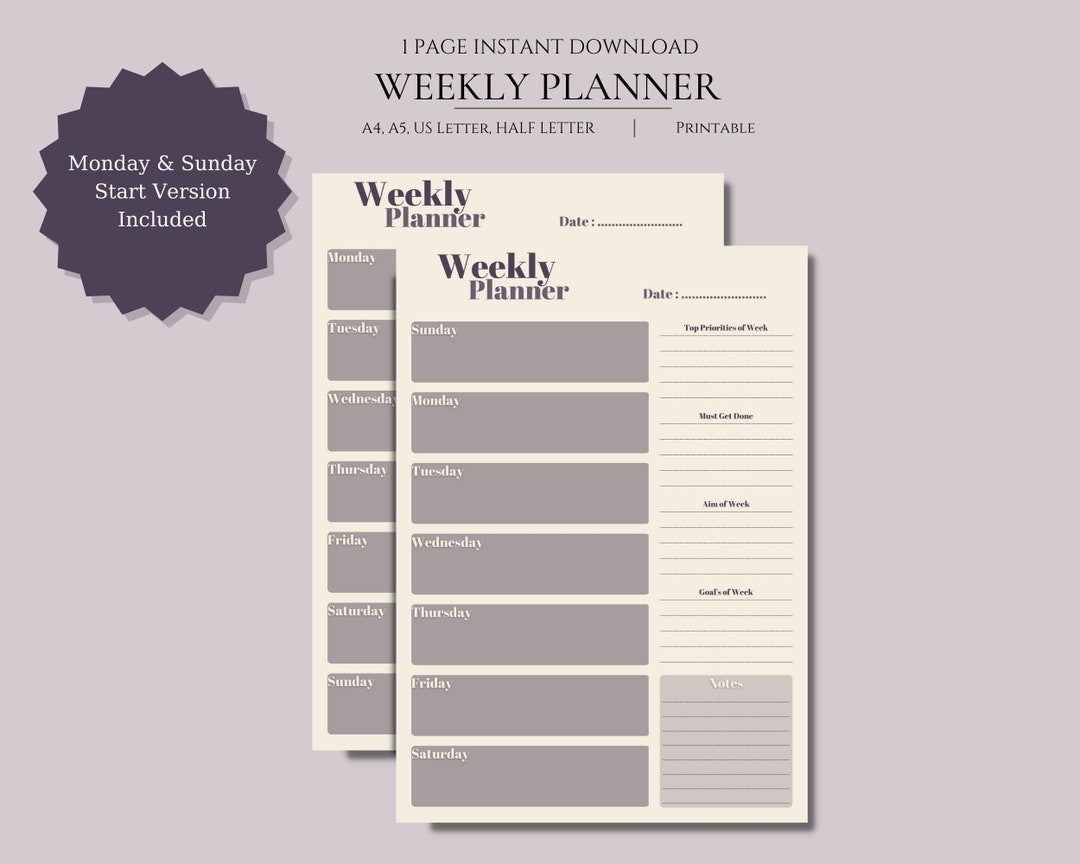 Digital Printable Weekly Planner Monday & Sunday Started Printable Schedule A4-US Letter Sizes ...