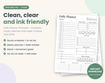 May include: A black and white daily planner printable featuring a schedule from 06:00 to 21:00, an aim of today section, top 3 priorities, a mood tracker with five faces, a to-do list, a meal tracker, a water tracker with seven droplets, and notes.