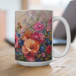 Large Mug with Floral Painting, Big Coffee Mug for Mom, Garden Loving Grandma Mug Gift for Birthday, Botanical Ceramic Mug Gift, Floral Mug