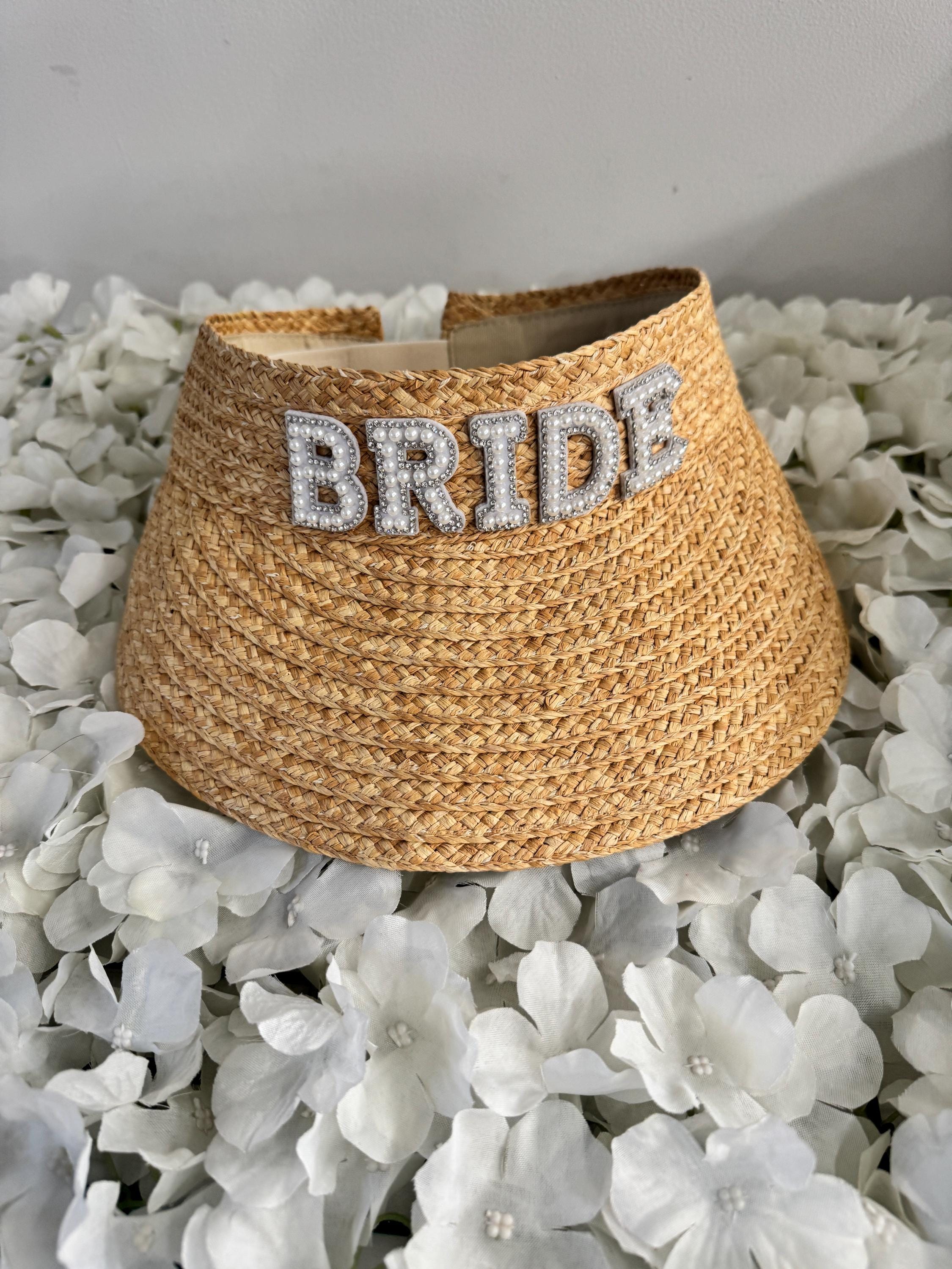 Macy\'s Beige Straw Visor with Pearl Trim and BRIDE Embellishment Personalised Pearl Embellished Straw Sun Visor, Bride  main image 3