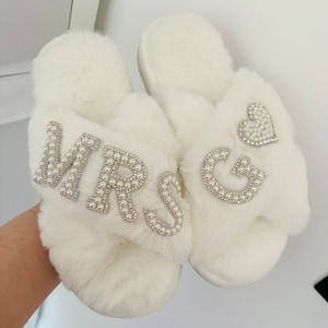 Pearl Fluffy Bridal Slippers | Personalised Bride Slippers | Personalised Fluffy Bridal Slippers