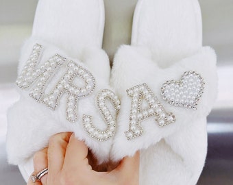 Pearl Fluffy Bridal Slippers | Slippers for Bridesmaids | Bride Slippers | Fluffy Personalised Slippers | BACK IN STOCK