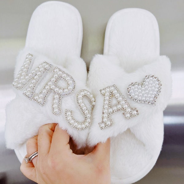 Pearl Fluffy Bridal Slippers | Slippers for Bridesmaids | Bride Slippers | Fluffy Personalised Slippers | BACK IN STOCK