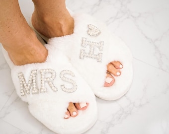 Bride Slippers | Mrs Slippers | Pearl Embellished Fluffy Bridal Slippers | Faux Fur Mrs. Slippers