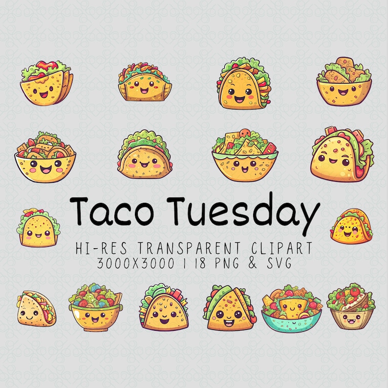 Taco Tuesday Kawaii Clipart Bundle Cute PNG Taco Bowls - Etsy