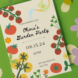 Invitación para fiesta en el jardín / Plantilla editable de Canva / Tema de tomates y flores / Verano