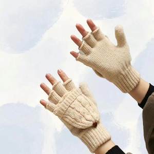 Hand Knit Alpaca Wool Cream White Convertible Cable Flip Mitten Fingerless Glove Texting Fleece Lined Women Birthday Christmas Gift