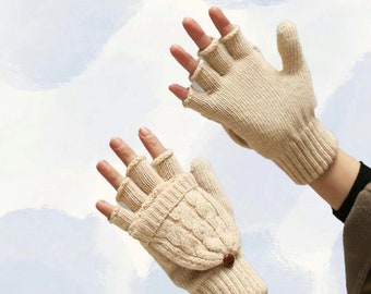 Hand Knit Alpaca Wool Cream White Convertible Cable Flip Mitten Fingerless Glove Texting Fleece Lined Women Birthday Christmas Gift