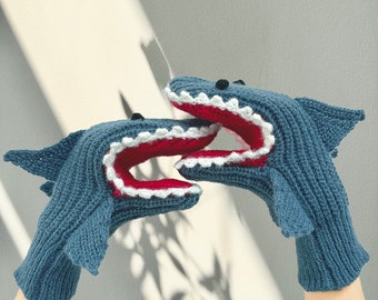 Blue Shark Gloves-Christmas Animal Knitted Gloves,Novelty Mittens,Monster Gloves,Unisex Gloves