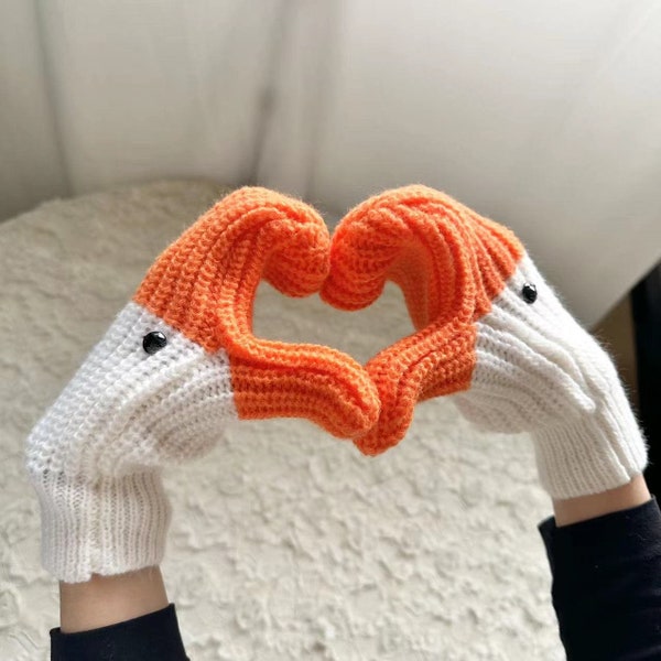 White Duck Gloves - Christmas Animal Knitted Gloves, Novelty Gloves, Monster Gloves, Unisex Gloves, Black Duck Gloves