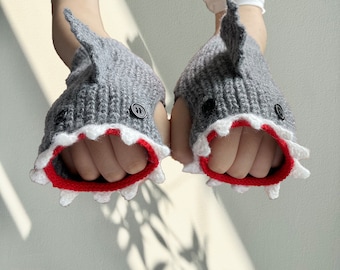 Shark Fingerless Gloves-Crochet Fingerless Gloves,Fingerless Gloves Mittens,Winter Knitted Warmers Hand,Christmas Animal Knitted Gloves