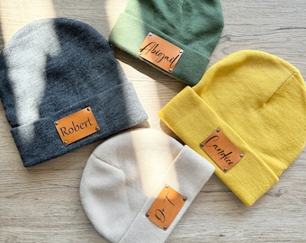 Infant Beanie with Name,Newborn baby Beanies,Kid Knitted Hat,Leather Patch Beanies for Baby Personalized,Toddler Child Baby Newborn Beanie