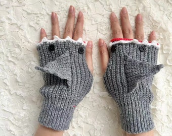 Crocheted fingerless shark gloves, kids shark gloves, adult shark gloves, shark gloves, shark fingerless gloves