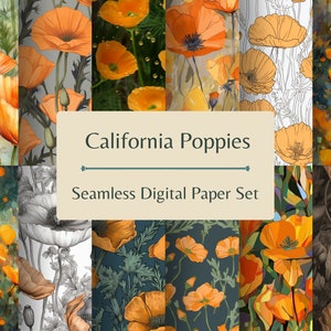 California Poppies Seamless Pattern Digital Paper Set - Instant Download - Printable Backgrounds & Textures by DesignCaliforniaShop