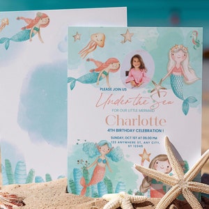 Modèle d'Invitation d'anniversaire de sirène - téléchargement numérique fête sous la mer - invitation d'anniversaire de filles modifiable - carte d'invitation photo sirène