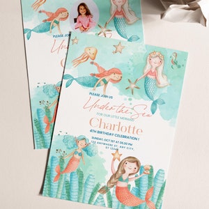 Faire-part photo sirène modifiable, modèle sur toile pour l'anniversaire d'enfants, invitation à une fête sous la mer, carte personnalisable fille sur le thème de l'océan