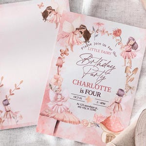 Convite para festa de aniversário de fada, convite para o primeiro aniversário de fada, convite para fada do jardim encantado, modelo de cartão editável para aniversariante do Canva