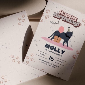 Faire-part d'anniversaire chat, invitation d'amoureux des chats, modèle d'invitation d'anniversaire, modèle de toile modifiable, invitation d'anniversaire sur le thème chat YU35