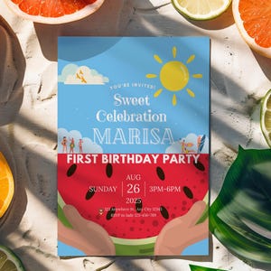 Convite de aniversário de melancia | Festa de primeiro aniversário de verão | Cartão de primeiro aniversário editável | Download digital | Convite para festa de menino ou menina