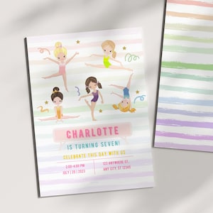 Convite digital para festa de aniversário de ginástica, download personalizado, convite para comemoração infantil, decoração de festa de ginástica editável, aniversariante divertida