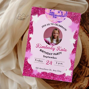 Faire-part d'anniversaire de fille avec photo, fête scintillante, invitation modifiable Jump Party, faire-part d'anniversaire magenta, carte modifiable, anniversaire d'adolescent