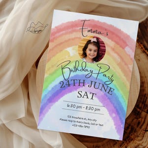 Invitación de cumpleaños de arcoíris editable con foto, invitaciones para fiesta de arcoíris de niña, invitación para el primer cumpleaños, descarga digital instantánea