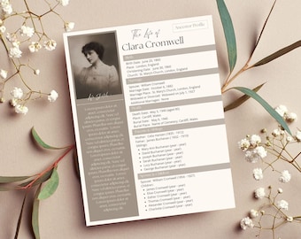 Ancestor Profile Page Template | Ancestor Summary – Genealogy Binder Insert – Editable in CANVA – Instant Download –PRINTABLE