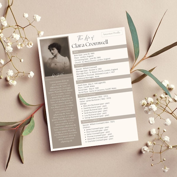 Ancestor Profile Page Template | Ancestor Summary – Genealogy Binder Insert – Editable in CANVA – Instant Download –PRINTABLE