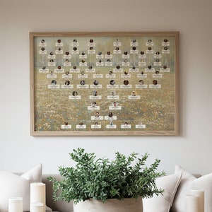 May include: A large framed family tree chart with photos of family members in a living room setting. The chart is hanging on a white wall above a light brown couch with white pillows. A potted plant sits on a light brown coffee table in front of the couch.