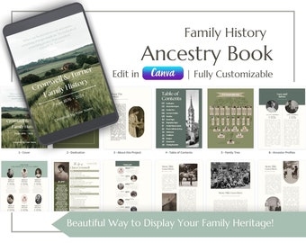 May include: A digital mockup of a family history ancestry book with a green and white color scheme. The book includes a cover, dedication page, about this project page, table of contents, family tree, and ancestor profiles. The book is fully customizable and can be edited in Canva.