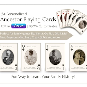 Personalized Ancestor Playing Cards Template | Genealogy Gift – Instant Download – 54 Card Deck with Photo and Text –Edit in CANVA–PRINTABLE