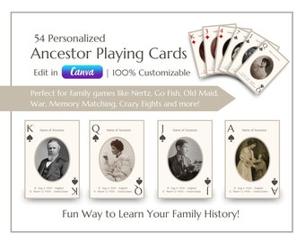 Puede incluir: Un juego de 54 cartas de juego personalizadas con fotos en blanco y negro de antepasados. Las cartas están diseñadas para parecerse a las cartas de juego tradicionales con los símbolos de los palos y los números. Las cartas son perfectas para juegos familiares como Nertz, Go Fish, Old Maid, War, Memory Matching, Crazy Eights y más!